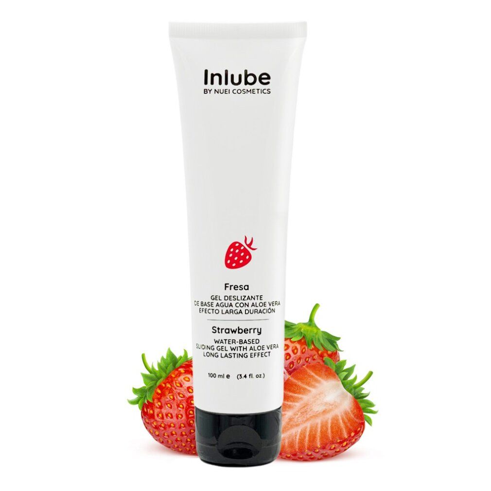 Tubo bianco, tappo nero. Scritta: Inlube, Fragola, gel lubrificante con aloe vera. Icona fragola rossa. Fragole.