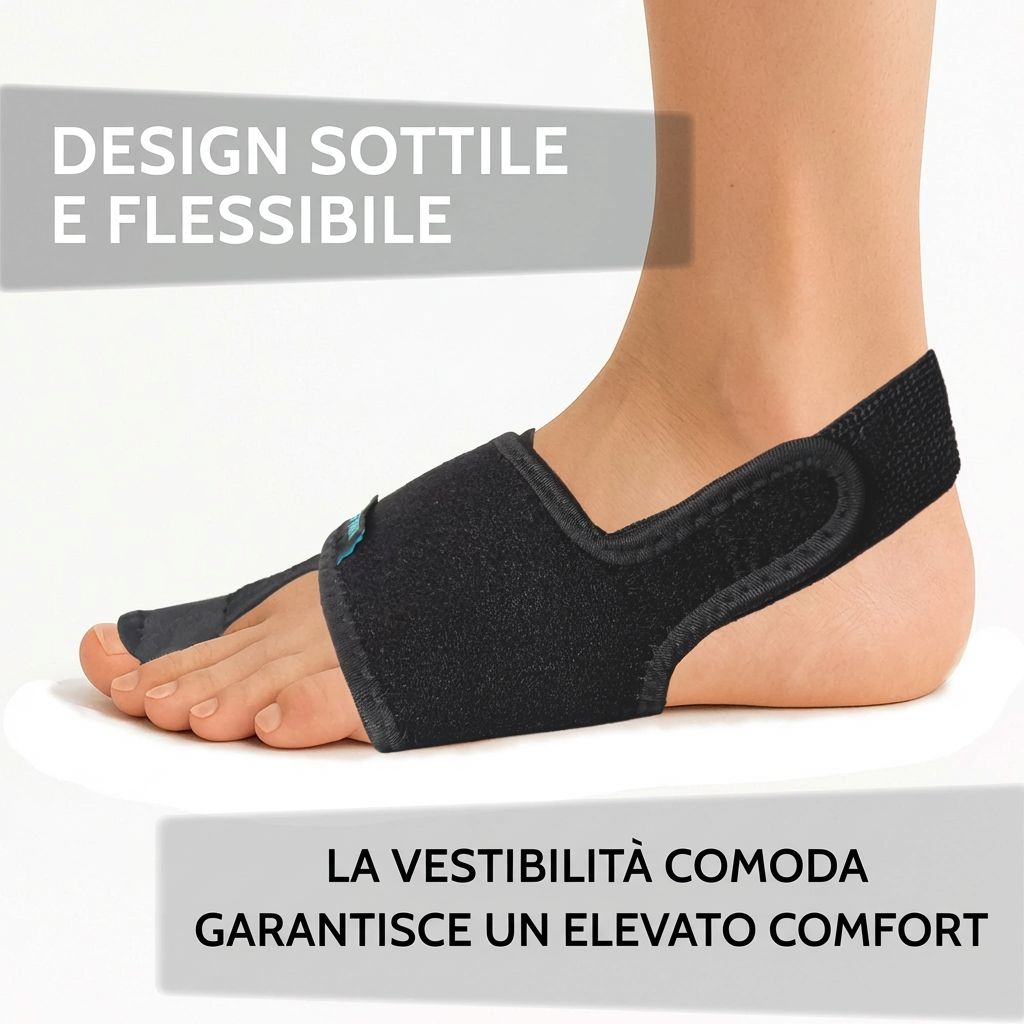 Piede con tutore Hallux Valgus nero. Testo: AGILE NOW. Design sottile e flessibile. Vestibilità comoda.
