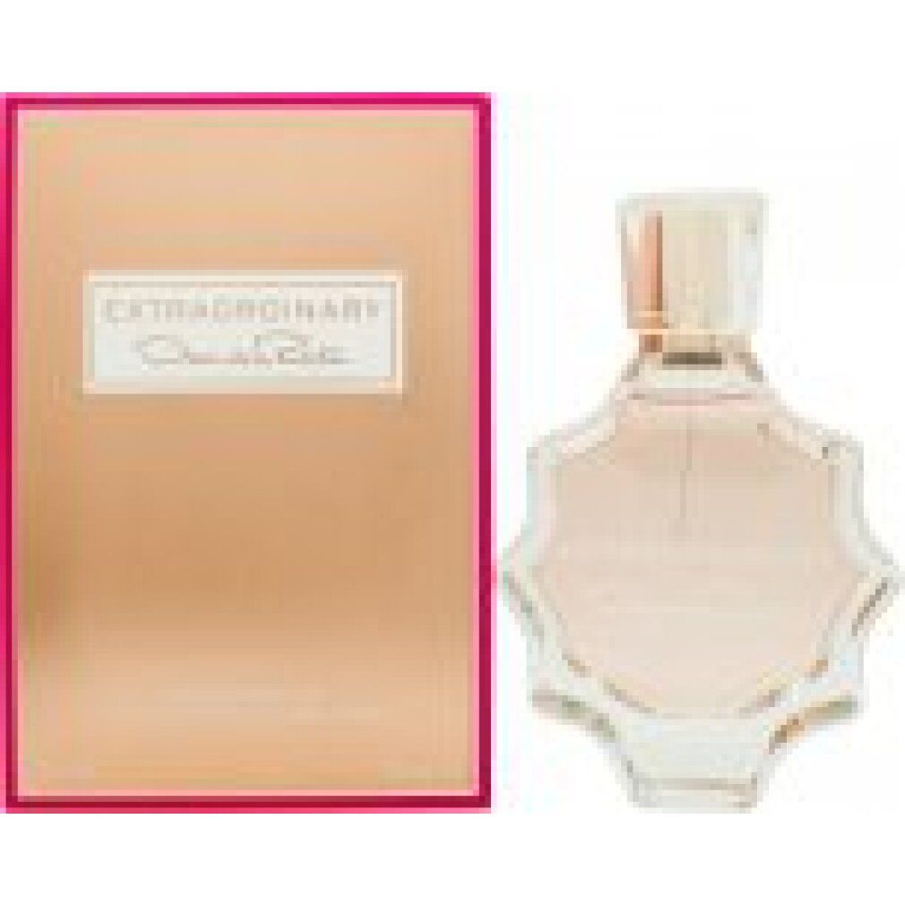 Flacone di profumo e scatola. Flacone con contenuto rosa, a forma di stella. Scatola dorata con cornice rosa. Scritta: Extraordinary.