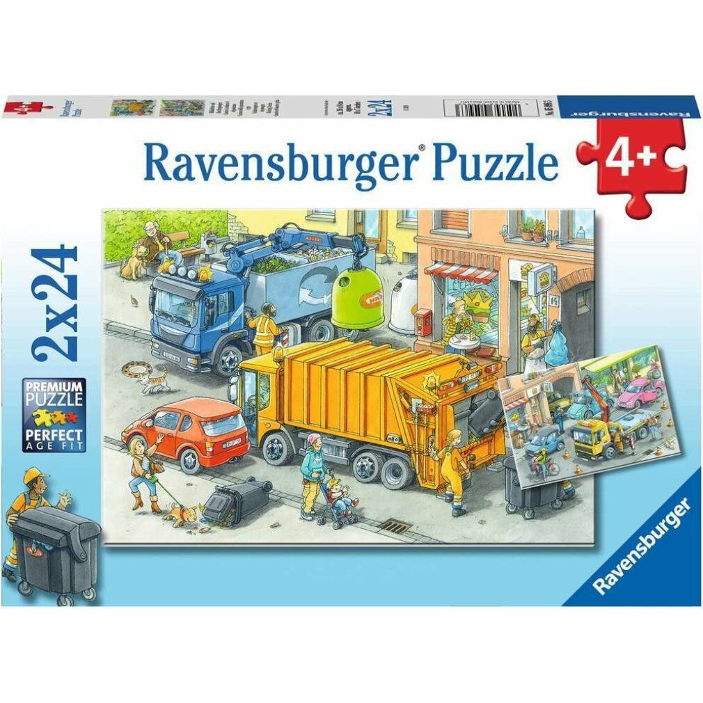 Puzzle 2x24 pezzi. Confezione illustrata con camion della spazzatura e carro attrezzi in città. Logo Ravensburger Puzzle.