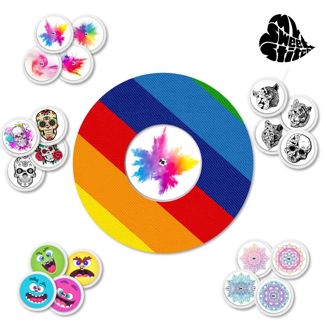 Anello di fissaggio con motivo arcobaleno e vari adesivi. Adesivi con diversi disegni. Anello con foro centrale.