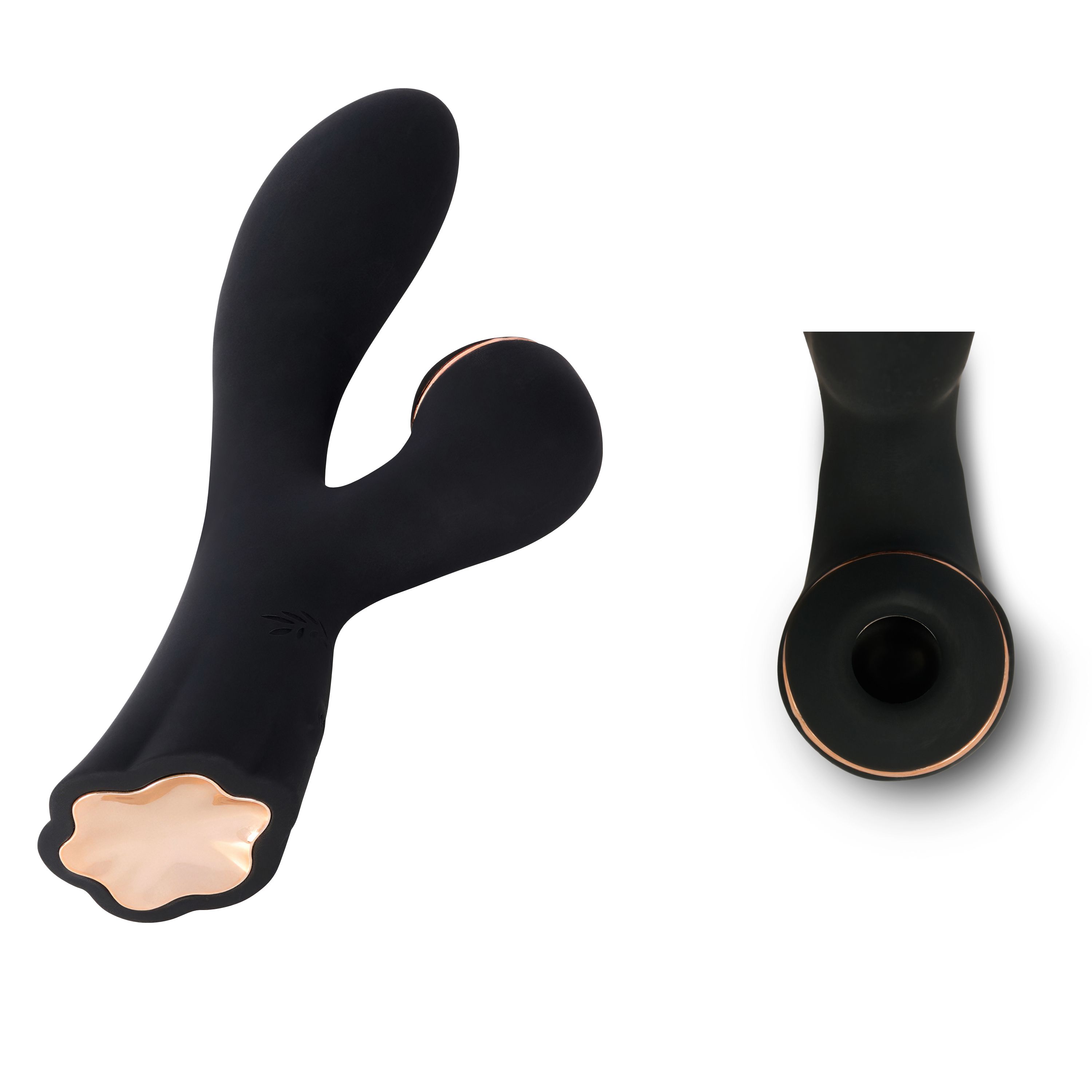 Prodotto benessere nero con dettagli dorati. Vista laterale del prodotto.