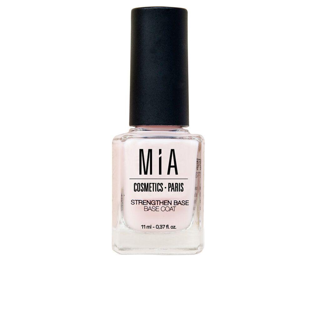 Flacone di smalto con tappo nero. Scritta: Mia, Cosmetics-Paris, Strengthen Base Base Coat. Contenuto rosa.