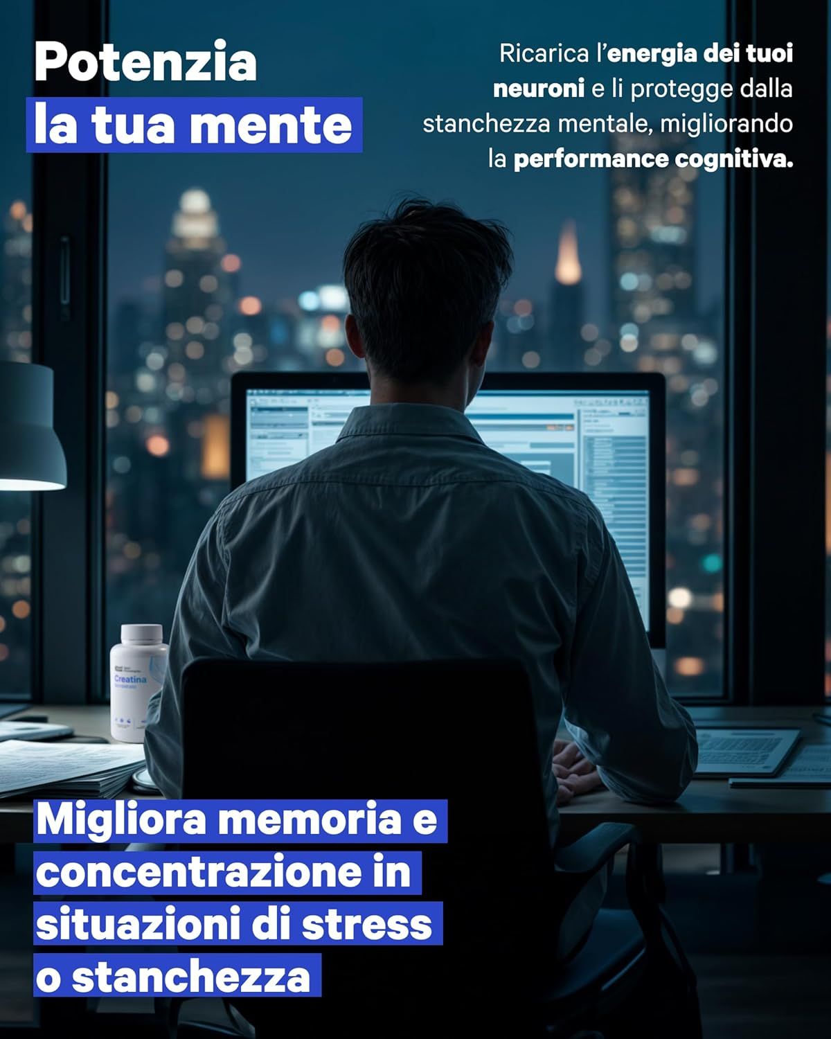 Uomo che lavora al computer con flacone di creatina monoidrato, focus sulla mente.