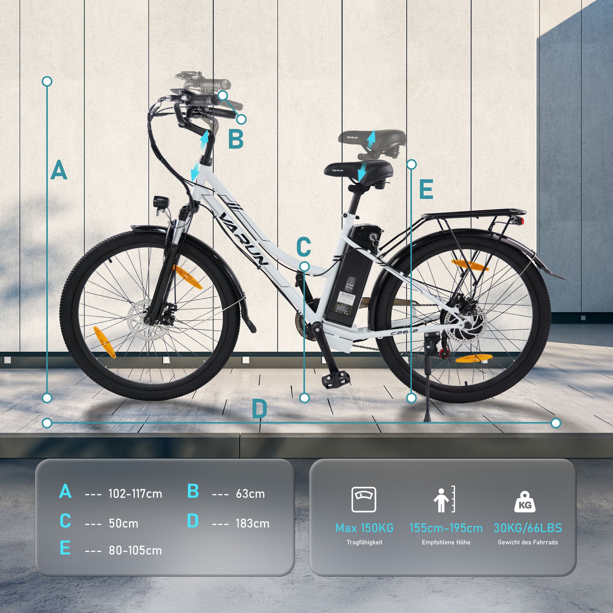 E-bike bianca con misure. A: 102-117cm, B: 63cm, C: 50cm, D: 183cm, E: 80-105cm. Capacità max 150kg, altezza consigliata 155cm-195cm.