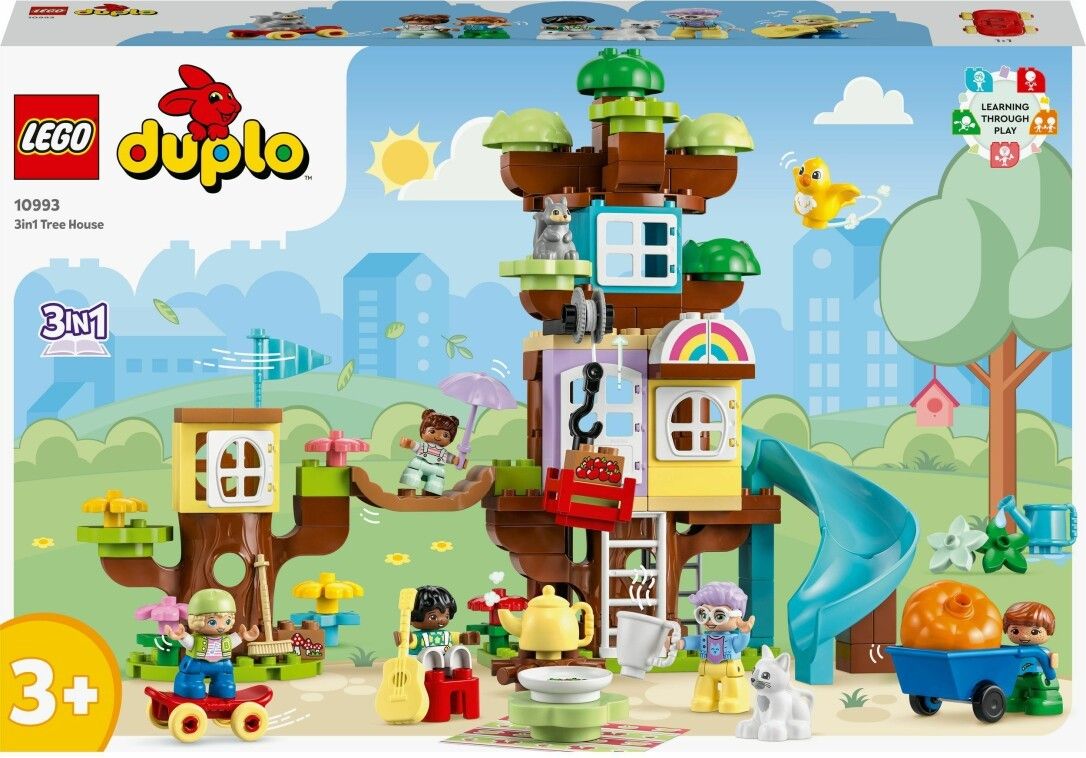 Set LEGO Duplo 3-in-1 Casa sull'albero. Confezione con logo, 3+. Casa sull'albero con scivolo, personaggi, accessori.