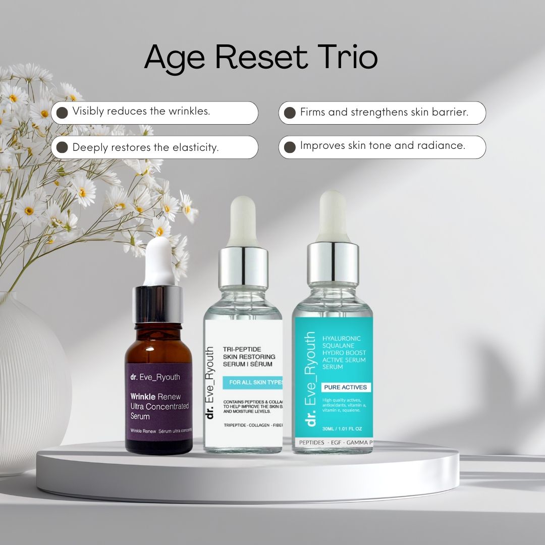 Tre flaconi di siero Dr. Eve_Ryouth. Etichette marrone, trasparenti e blu. Pipette bianche. Scritta: Age Reset Trio.