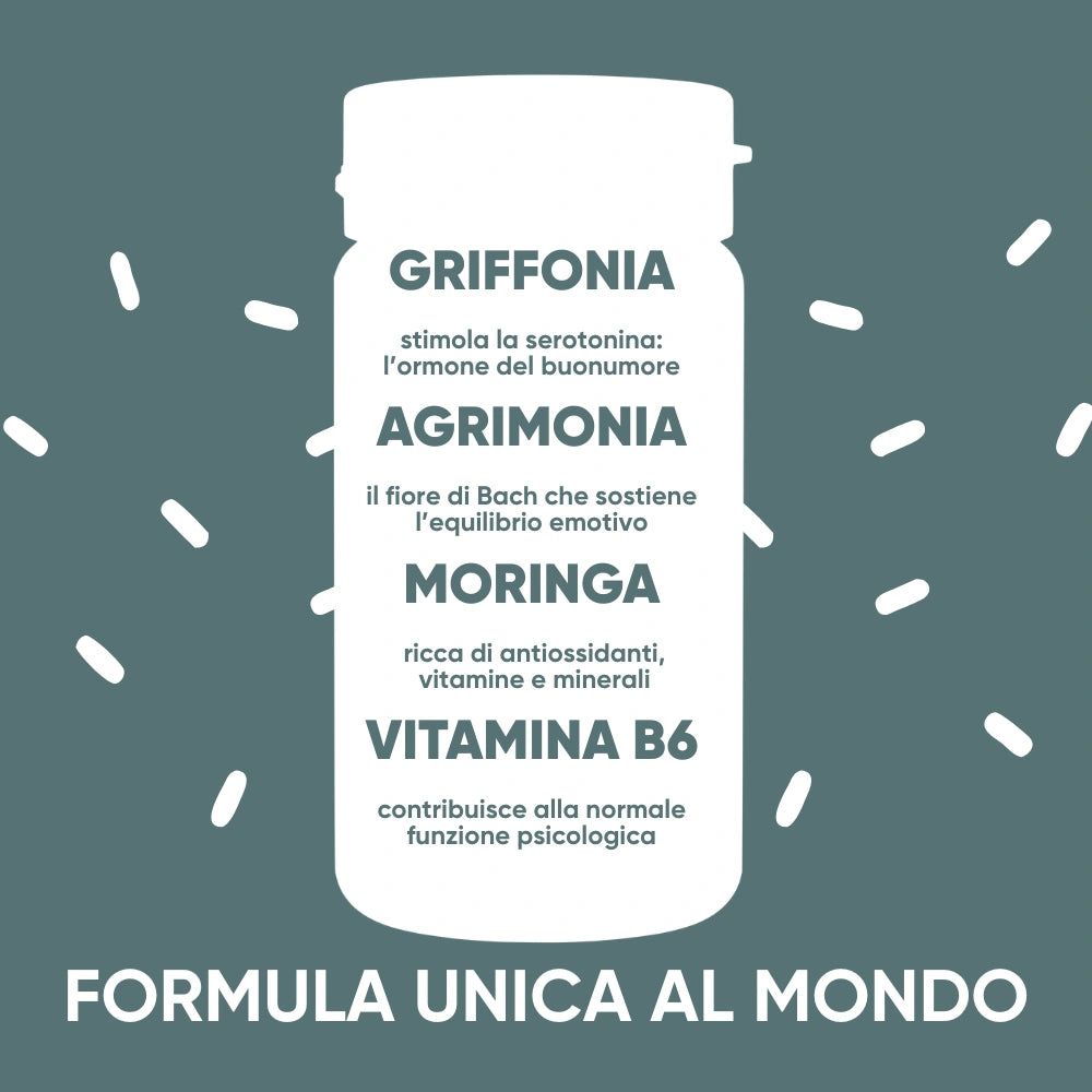 Flacone bianco con testo: Griffonia, Agrimonia, Moringa, Vitamina B6. Formula unica per il benessere.