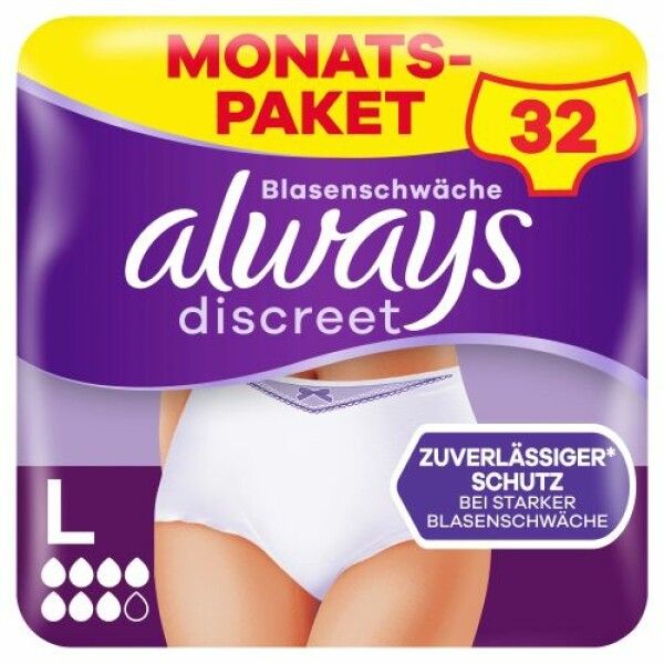 Confezione mensile di Always Discreet Pants L. Contiene 32 pezzi. Immagine di una donna che indossa le mutandine.
