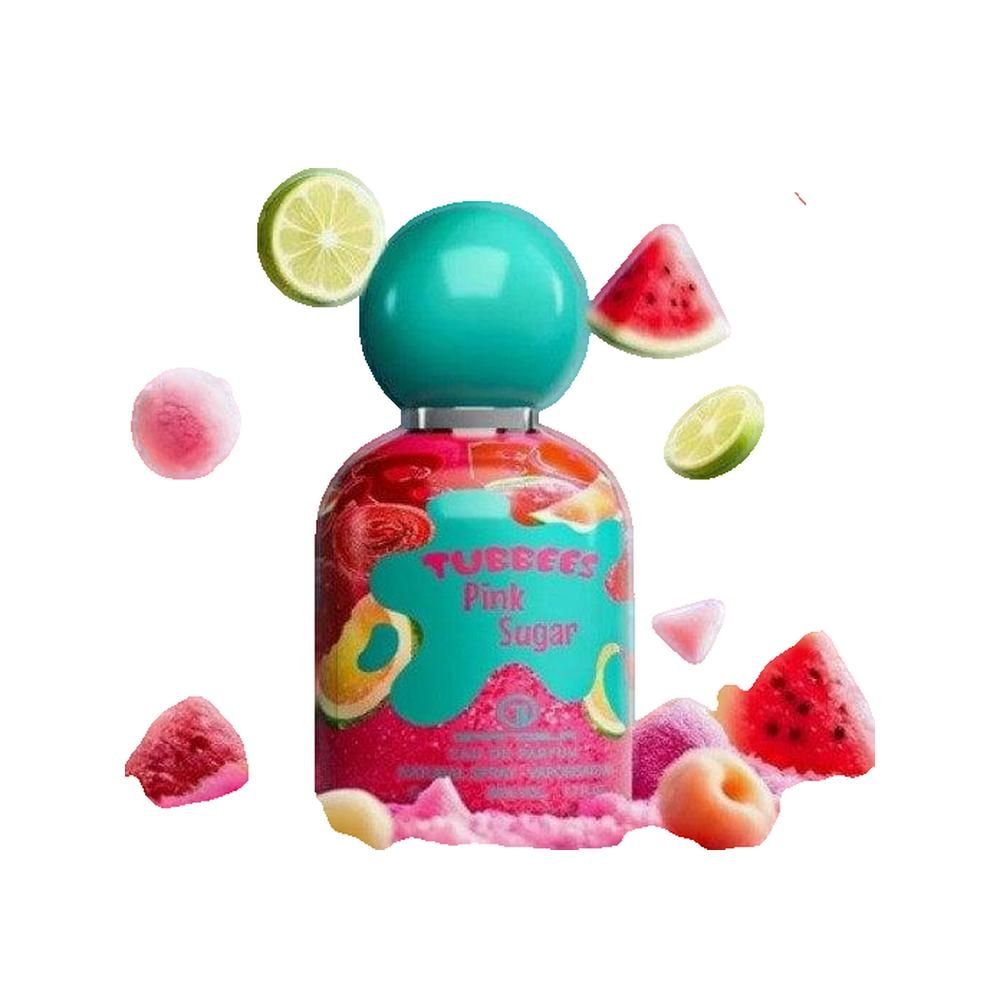 Flacone rosa con tappo turchese. Scritta: TUBBEES Pink Sugar. Pezzi di frutta intorno al flacone.