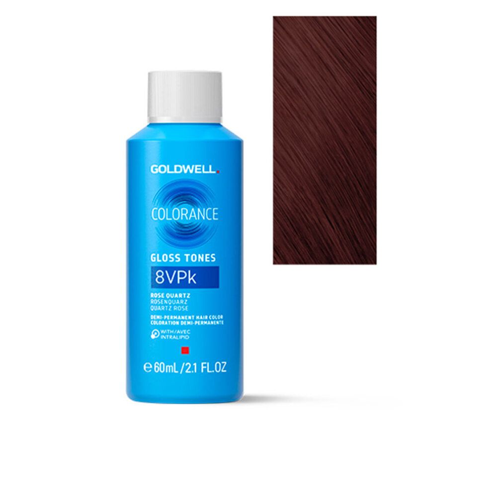 Flacone Colorance Gloss Tones 8VPk. Campione colore a destra. Scritta: Goldwell, 60ml/2.1 fl.oz.
