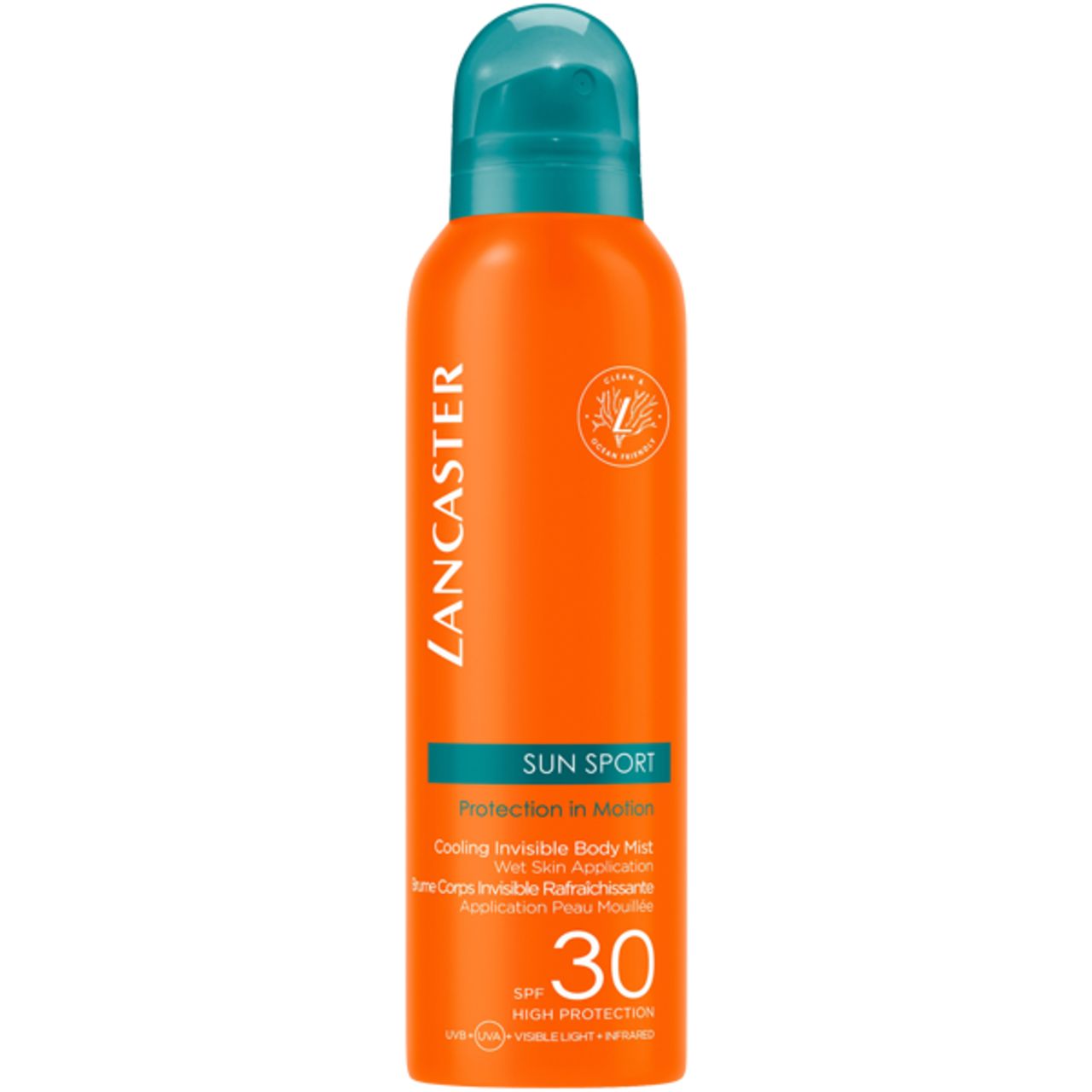 Flacone spray arancione con tappo blu. Testo: Lancaster, Sun Sport, SPF 30. Logo vegan.