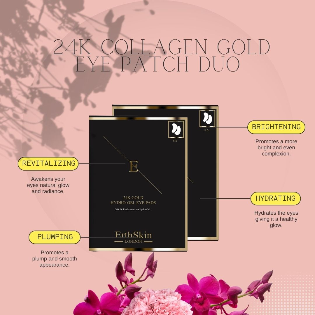 Due scatole nere con dettagli dorati e testo. Logo ErthSkin London. Testo: 24K Collagen Gold Eye Patch Duo.