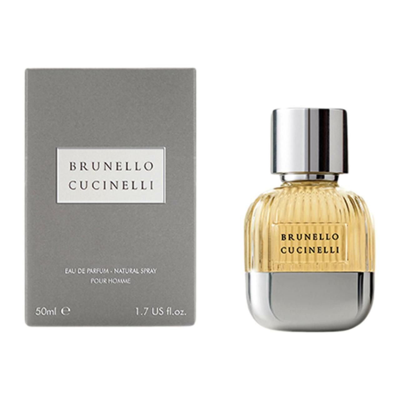 Flacone di profumo e scatola grigia. Flacone con tappo e base argentati. Scritta: Brunello Cucinelli. Scatola con logo.