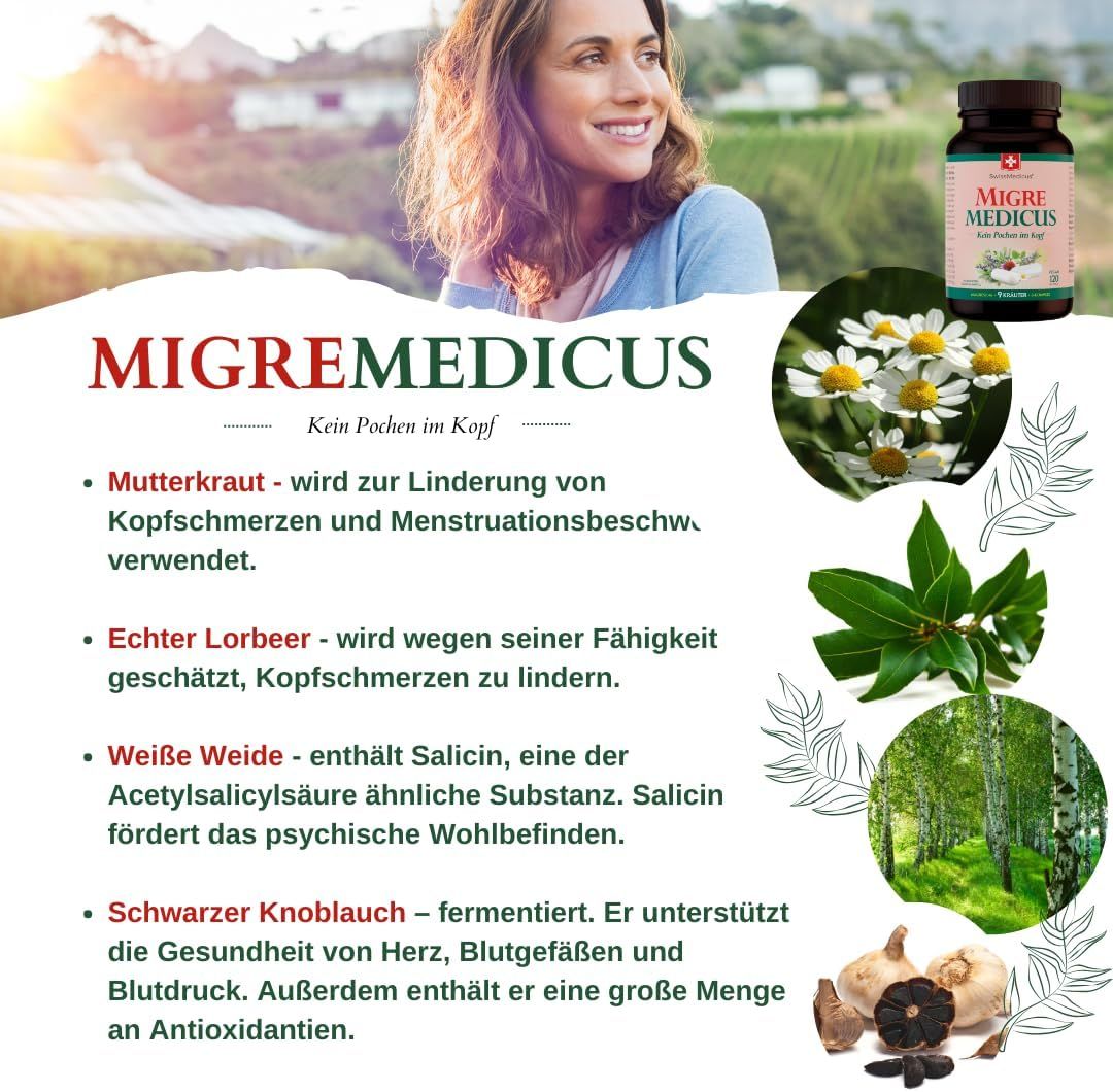 Donna sorridente. Flacone del prodotto e testo. Testo: Partenio, Alloro, Salice bianco, Aglio nero.