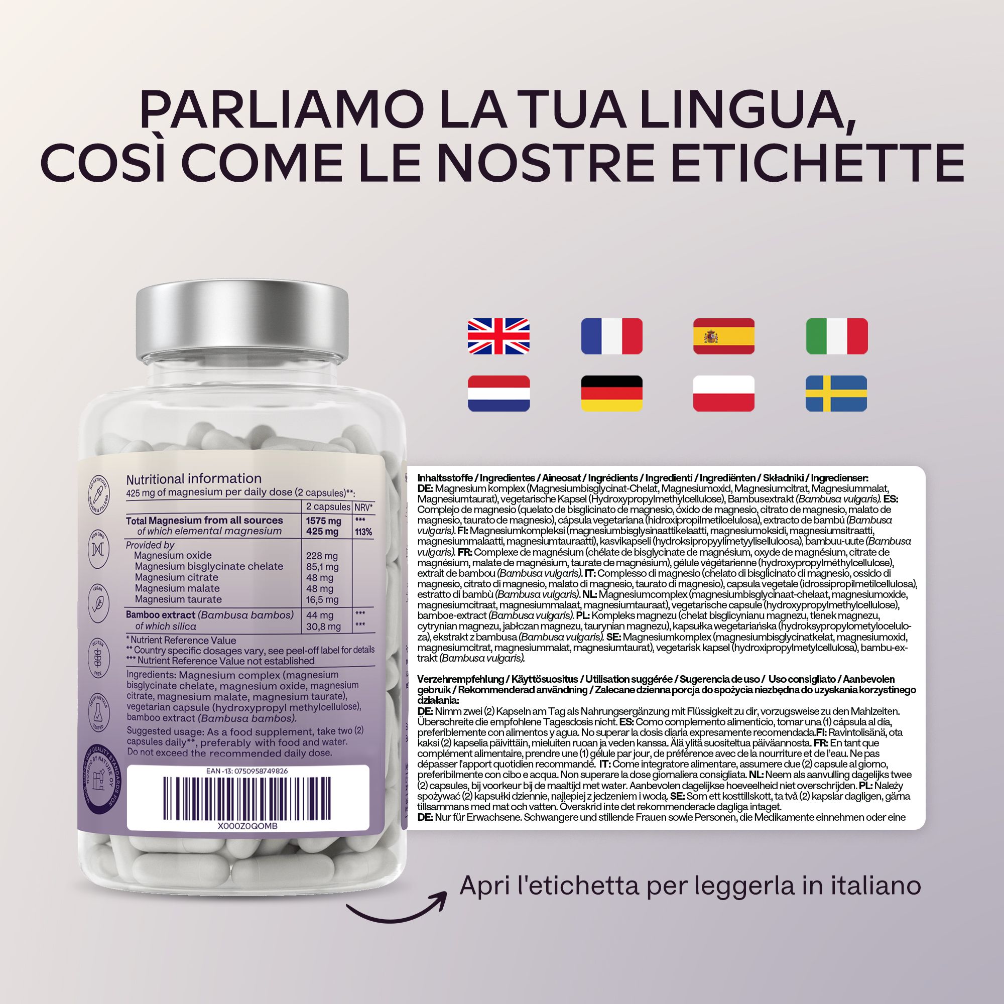 Flacone Fullnesium Komplex con etichetta multilingue. Contiene informazioni nutrizionali.