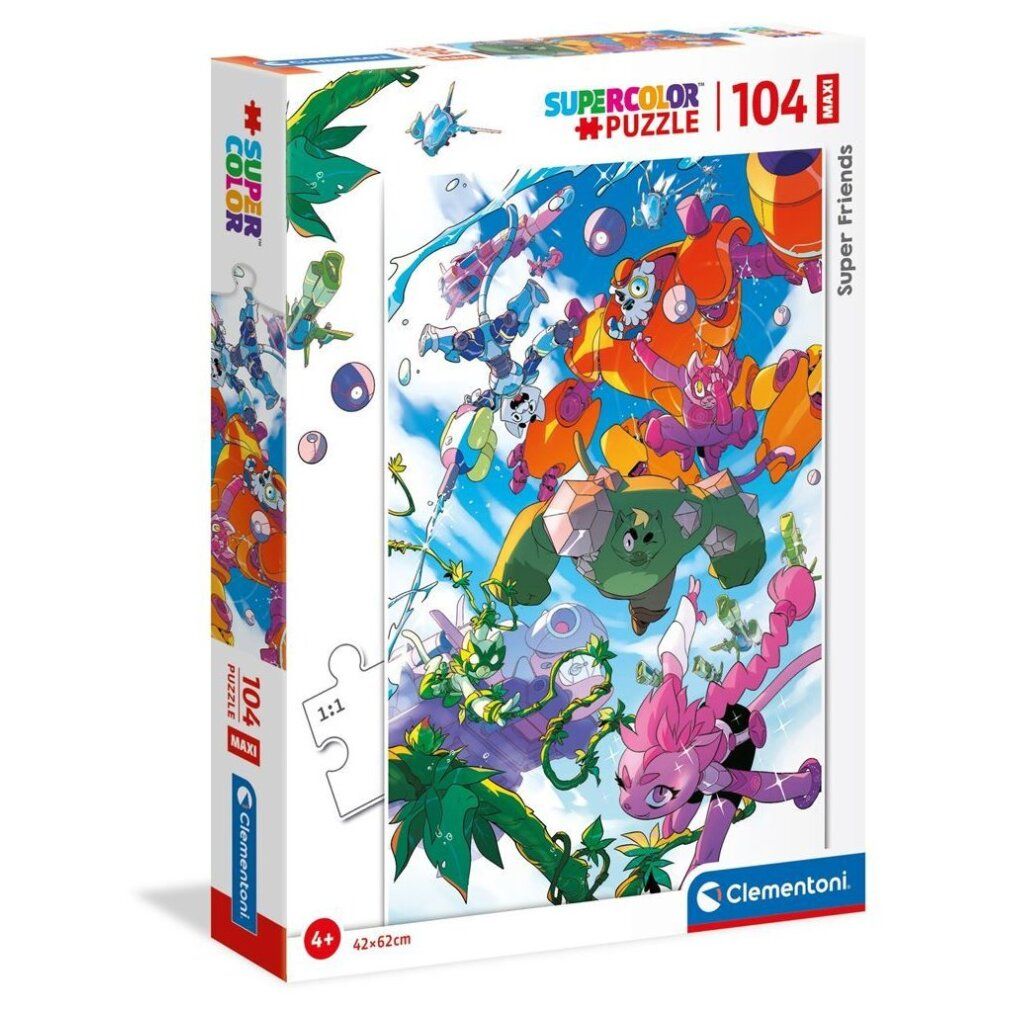 Puzzle Clementoni Super Friends! maxi. Scatola di cartone con illustrazione del puzzle. 104 pezzi, 4+ anni. Tema supereroi. Logo Clementoni.