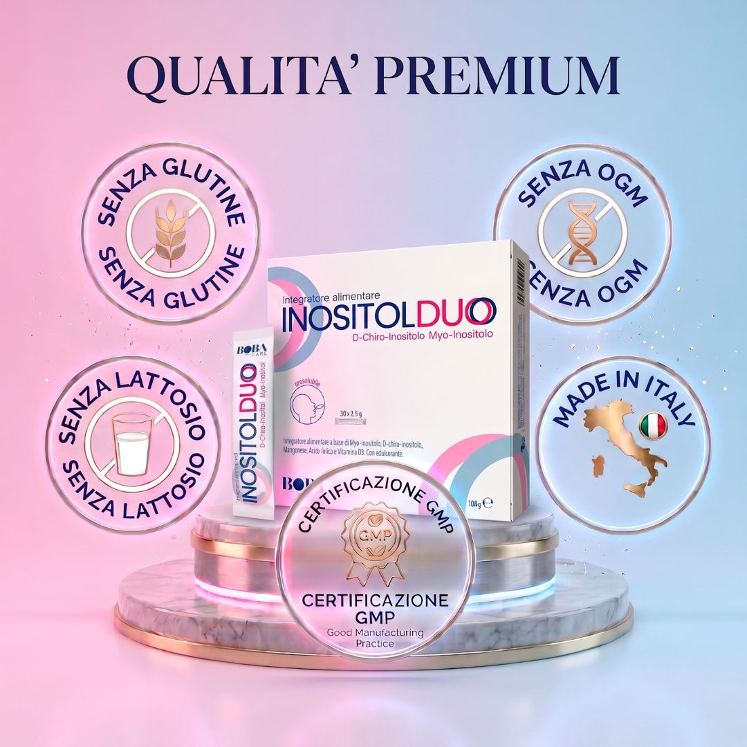 Confezione BOBACARE Inositol Duo con certificazioni: Senza glutine, senza lattosio, senza OGM, GMP, Made in Italy.