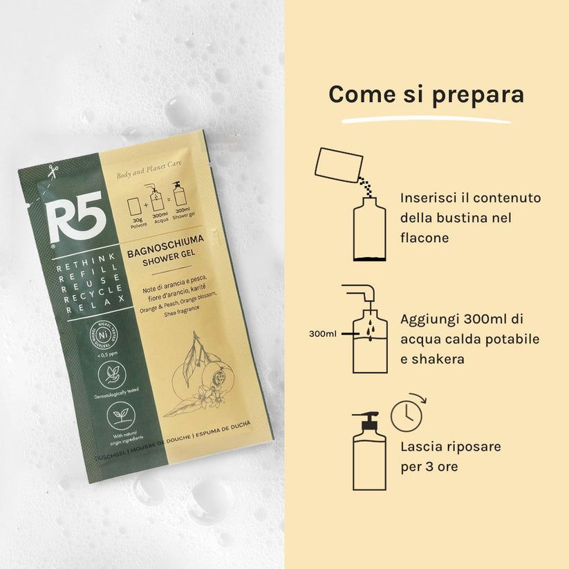 R5 Kit Bagnoschiuma Riattivabile Arancia, Pesca, Fiori d'Arancio e Karité, Made in Italy