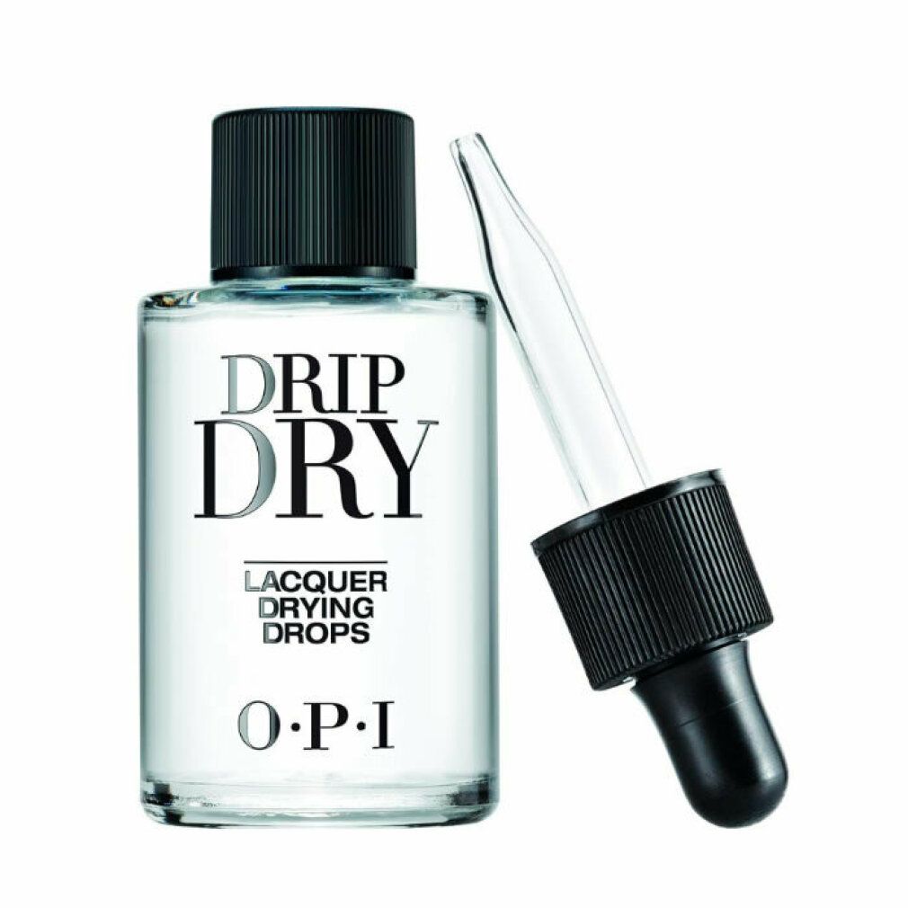 Flacone OPI Drip Dry Lacquer Drying Drops con pipetta. Liquido trasparente in bottiglia di vetro con tappo nero. Testo: Drip Dry, Lacquer Drying Drops, OPI.