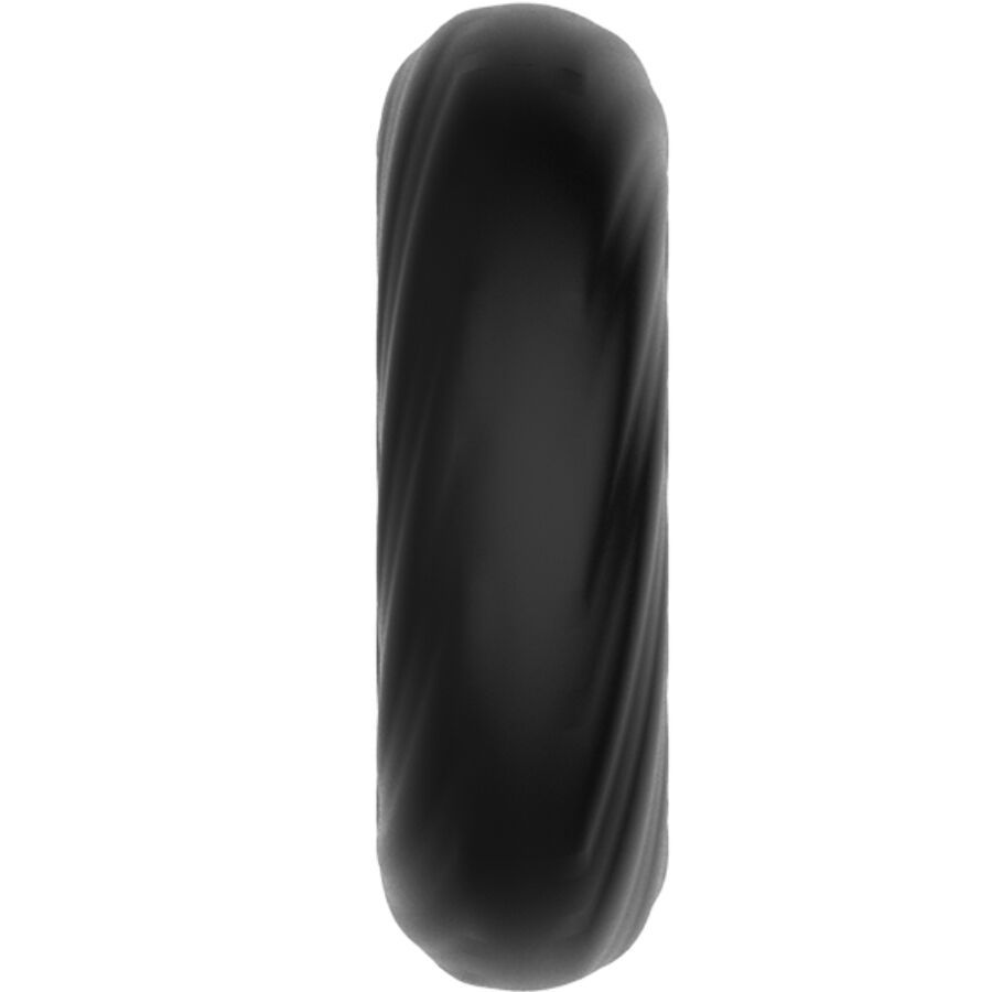 Anello in silicone nero con texture a spirale, visto dall'alto.