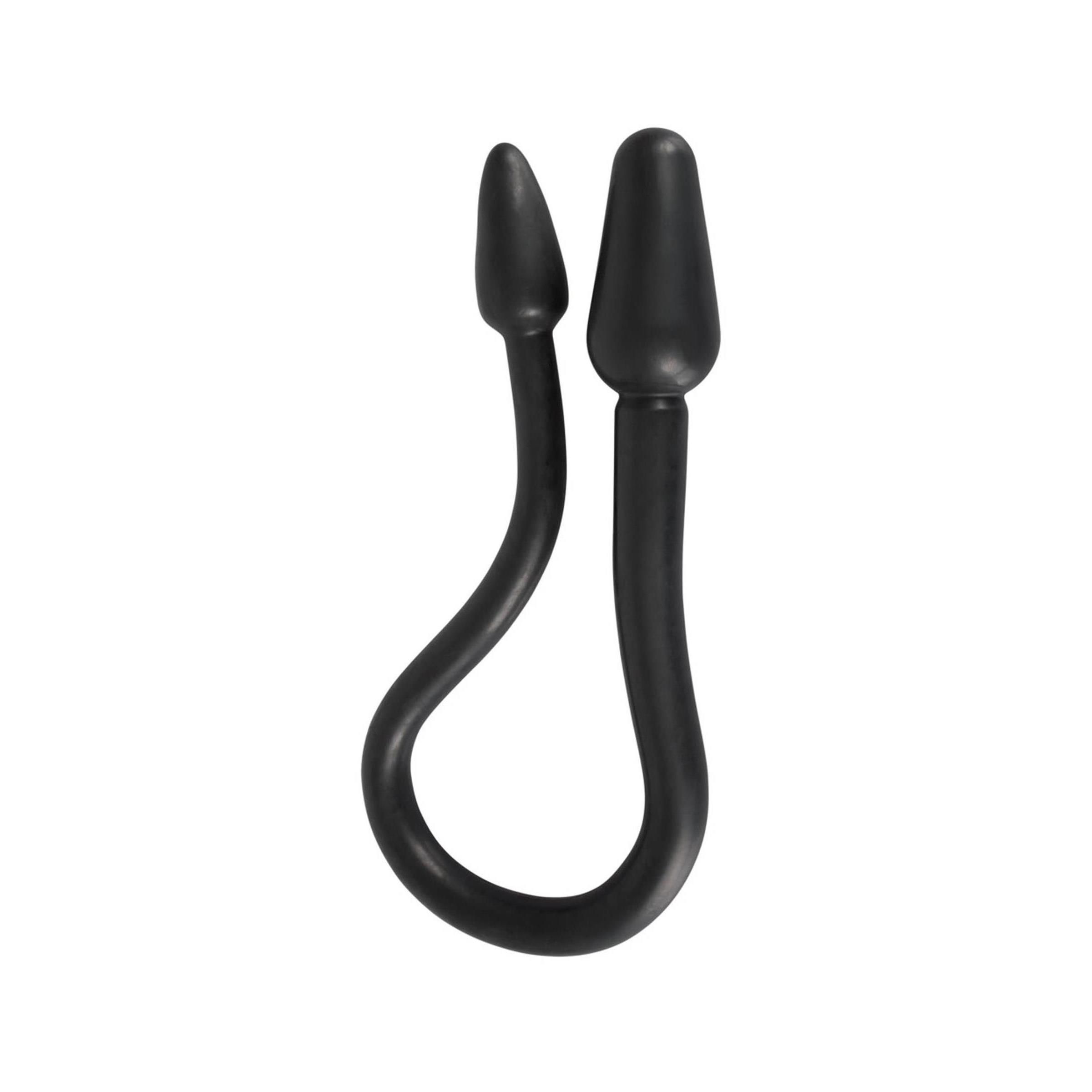 Doppio dildo nero con due estremità coniche collegate da un'asta curva.
