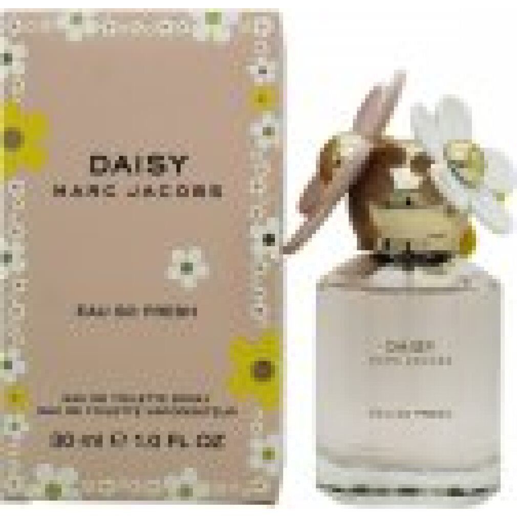 Flacone di profumo e confezione. Flacone con fiori sul tappo. Scritta: Daisy Marc Jacobs Eau So Fresh.