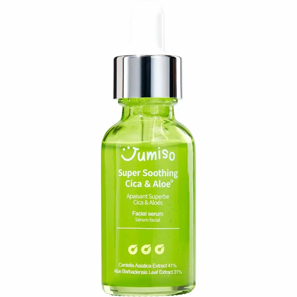 Flacone di vetro verde con tappo bianco e pipetta. Scritta: Super Soothing Cica & Aloe. Siero viso.