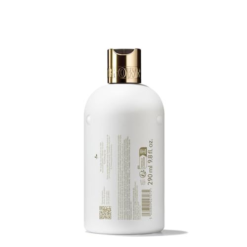 Retro di un flacone bianco Molton Brown con informazioni sul prodotto e codice a barre.