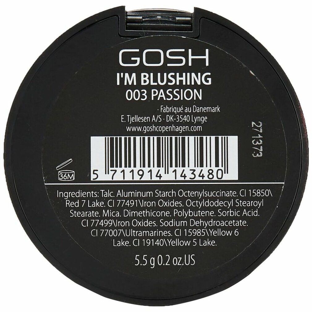 Fondo della confezione Gosh I'm Blushing 003 Passion blush con codice a barre e ingredienti.