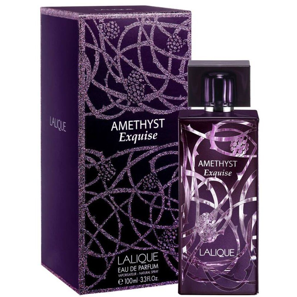 Flacone e confezione Amethyst Exquise. Design viola, scritta. Logo Lalique. 100ml.