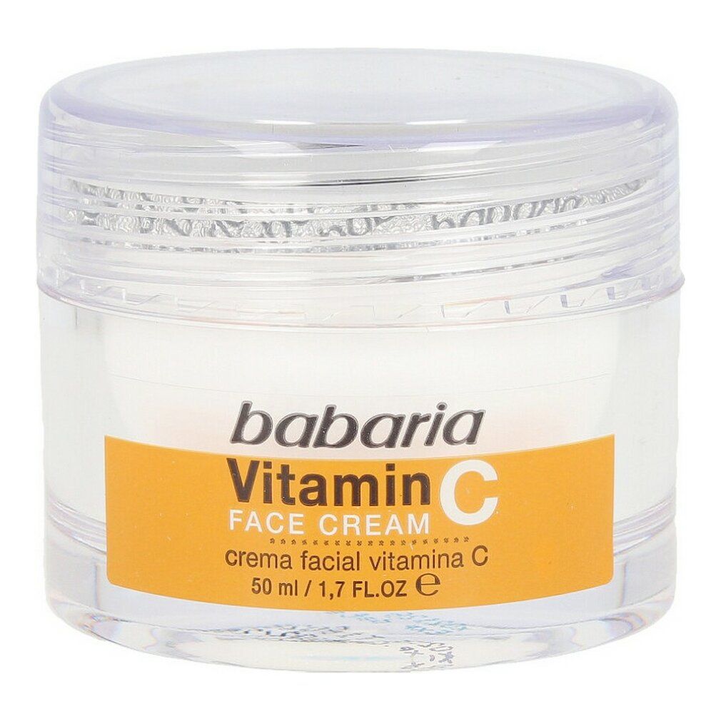 Babaria Crema Viso Vitamina C. Vasetto trasparente con crema bianca ed etichetta arancione. 50 ml. Testo: Trattamento antiossidante.