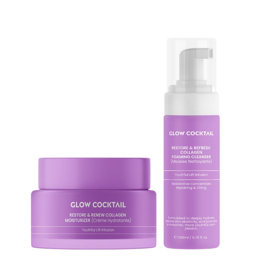 Due prodotti cosmetici viola: crema idratante e mousse detergente. Entrambi riportano il nome Glow Cocktail e informazioni sul prodotto.