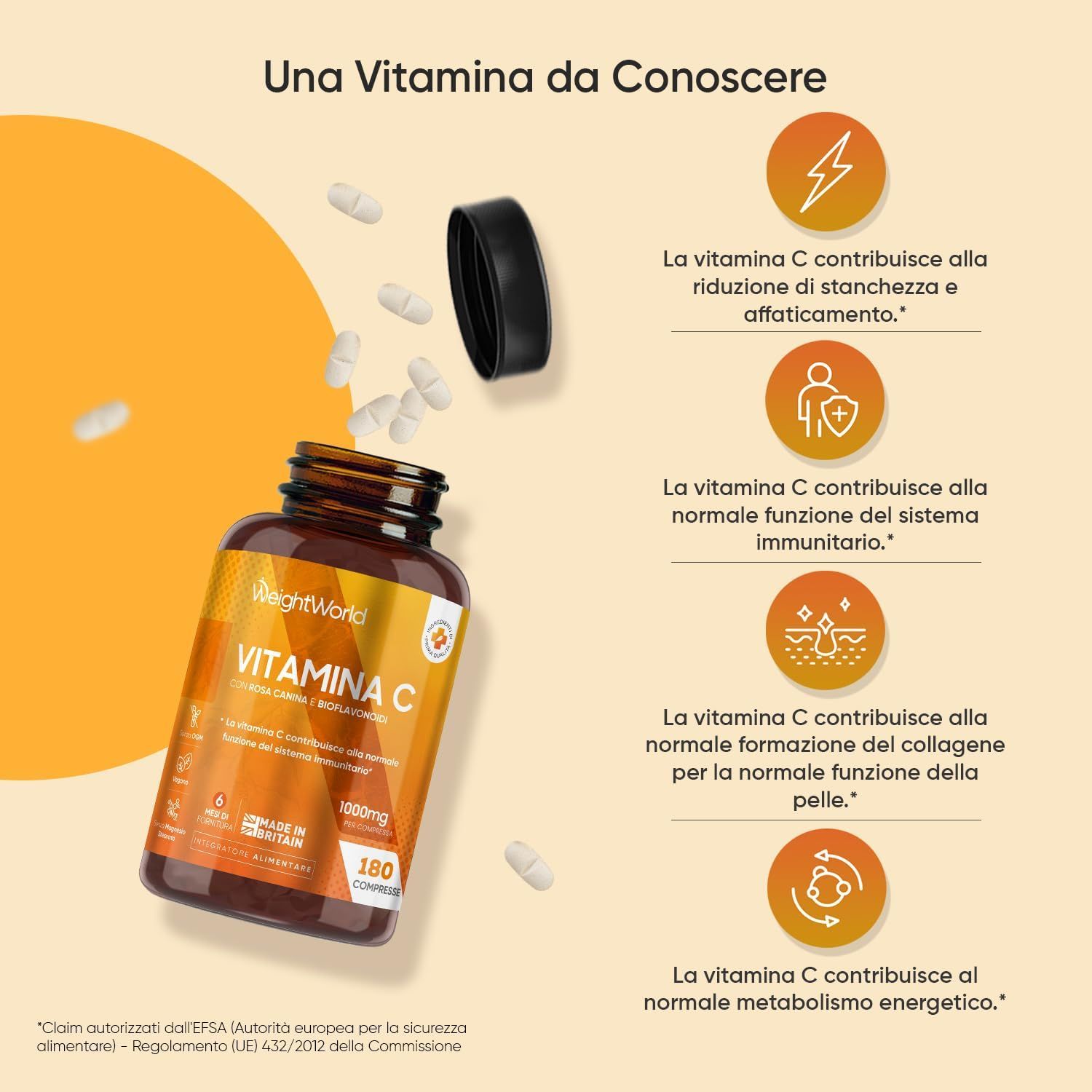 Flacone di vitamina C con compresse. Infografiche sui benefici: sistema immunitario, pelle, energia. Scritta: WeightWorld, Vitamin C.