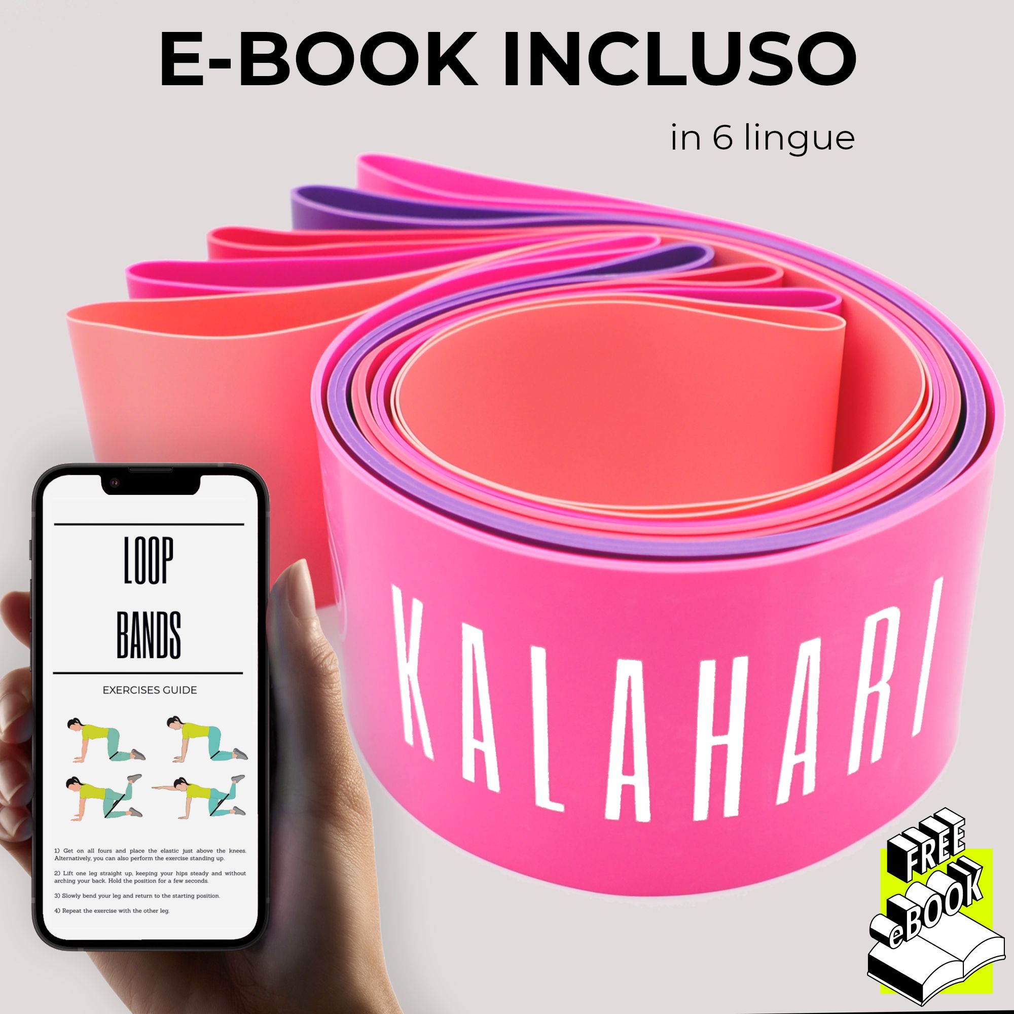 Cinque fasce fitness KALAHARI, arrotolate, accanto a uno smartphone con e-book di esercizi.