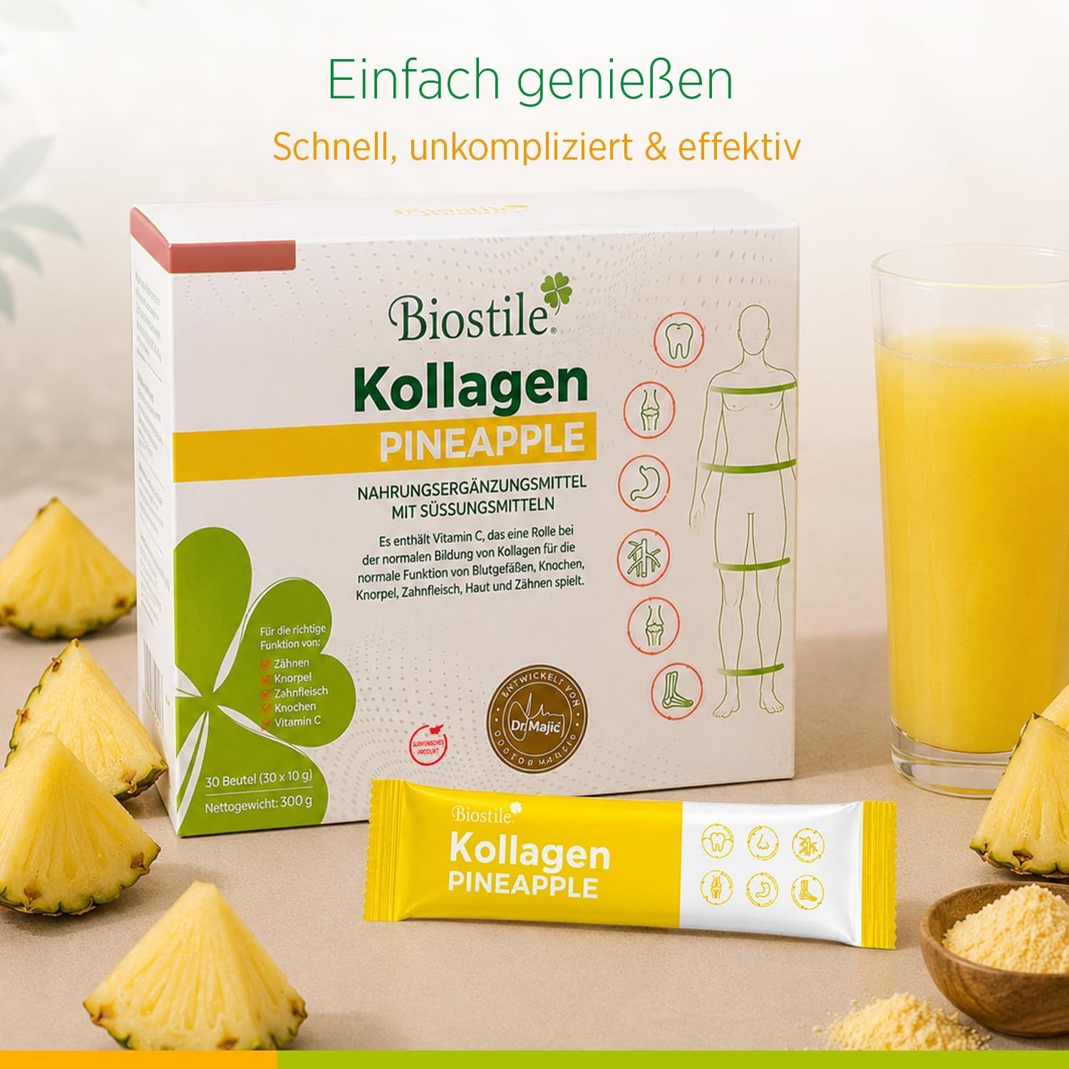 Biostile Collagen Pineapple: Confezione, bustina, pezzi di ananas, bicchiere di bevanda.