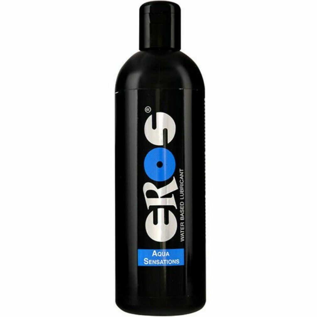 Flacone nero con logo "Eros" bianco e cerchio blu. Visibili anche "Aqua Sensations" e "Water Based Lubricant".