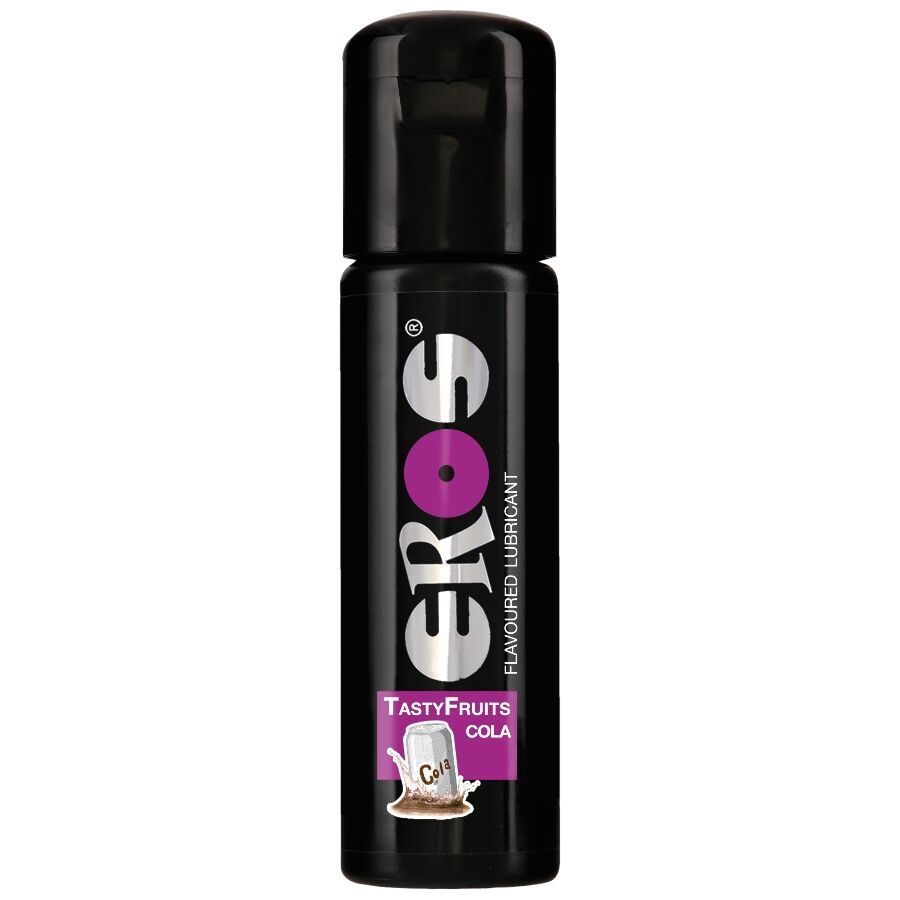 Lubrificante EROS Tasty Fruits Cola in flacone nero con tappo.
