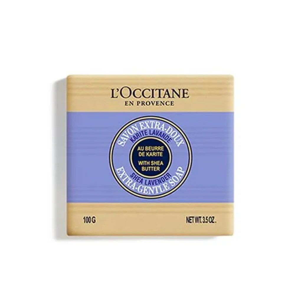 Sapone rettangolare con fascia viola e logo rotondo. Scritte: L'Occitane, Savon Extra-Doux Karité Lavande, Shea Lavender. 100g, Net Wt. 3.5 oz.