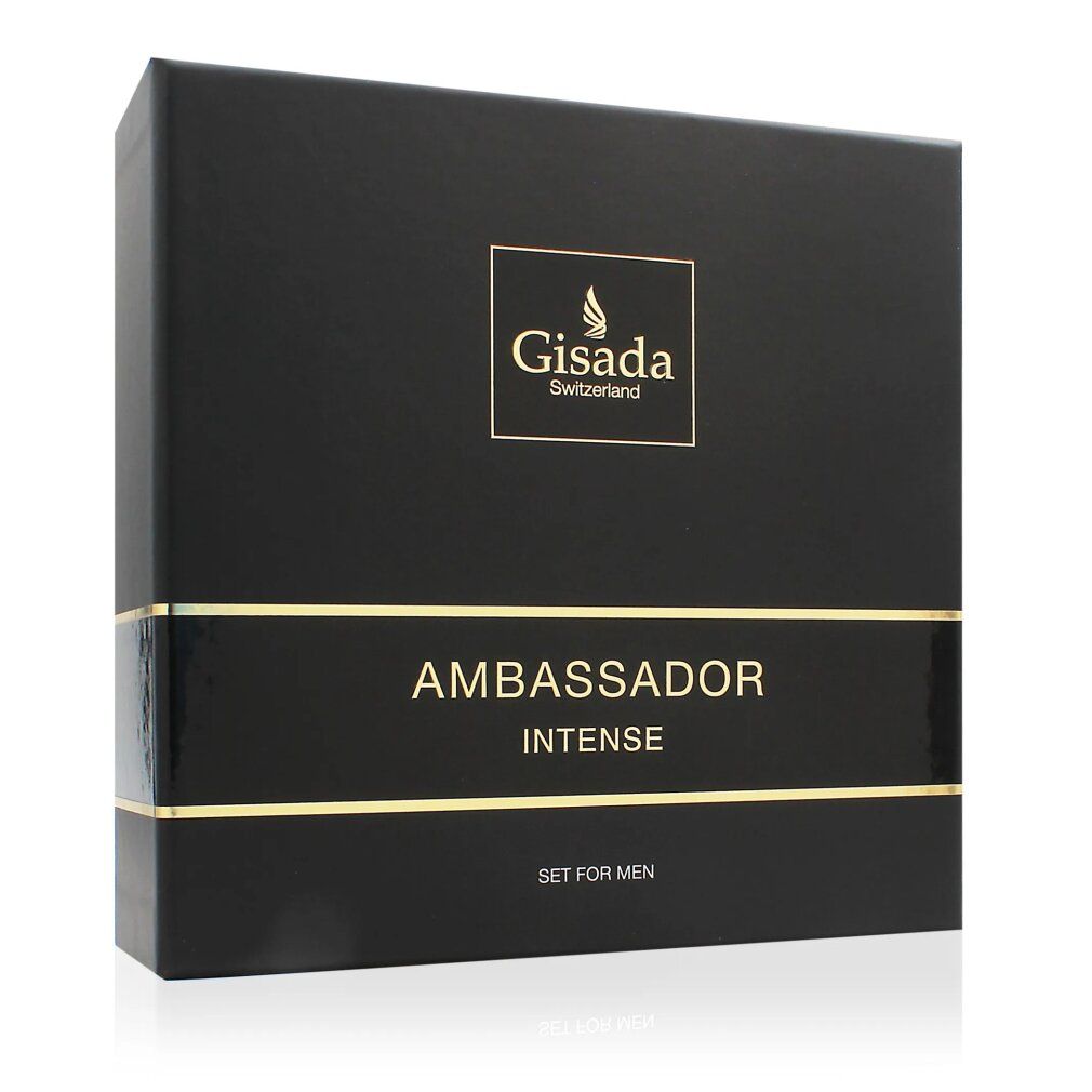 Scatola regalo nera con scritta dorata: Ambassador Intense. Marchio: Gisada. Scritta: Set for Men.
