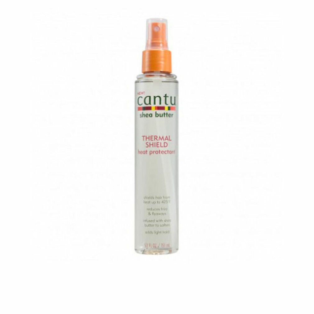 Flacone spray Cantu Thermal Shield. Scritta: "Thermal Shield Heat Protectant". Erogatore arancione. Liquido trasparente.