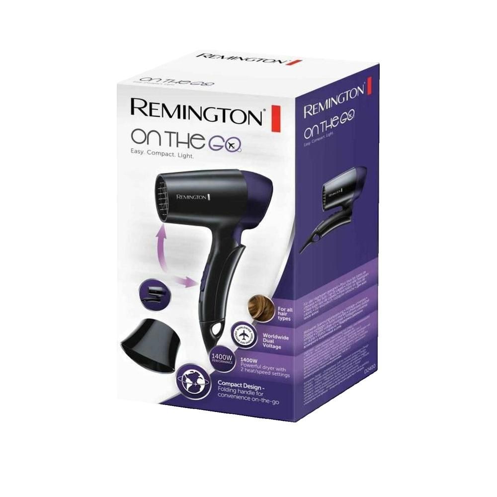 Confezione prodotto con immagine asciugacapelli. Testo: Remington ON THE GO, 1400W, Compact Design. Logo globo.