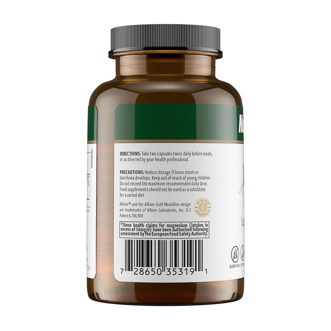 Retro della bottiglia di Magnesio Malato NutraMedix con istruzioni per il dosaggio e avvertenze. 120 capsule.