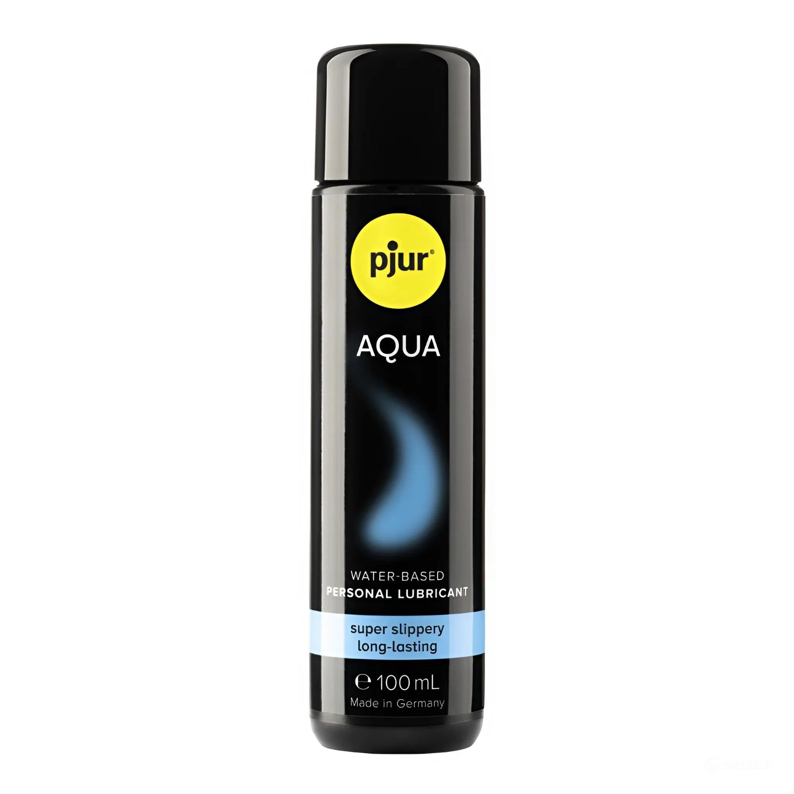Flacone nero con sfumatura blu. Scritta: pjur AQUA. Testo: water-based personal lubricant, super slippery long lasting.