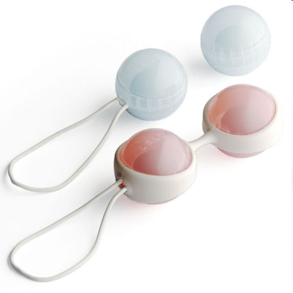 LELO Luna Beads Mini: Due sfere blu con cordini, su sfondo bianco.