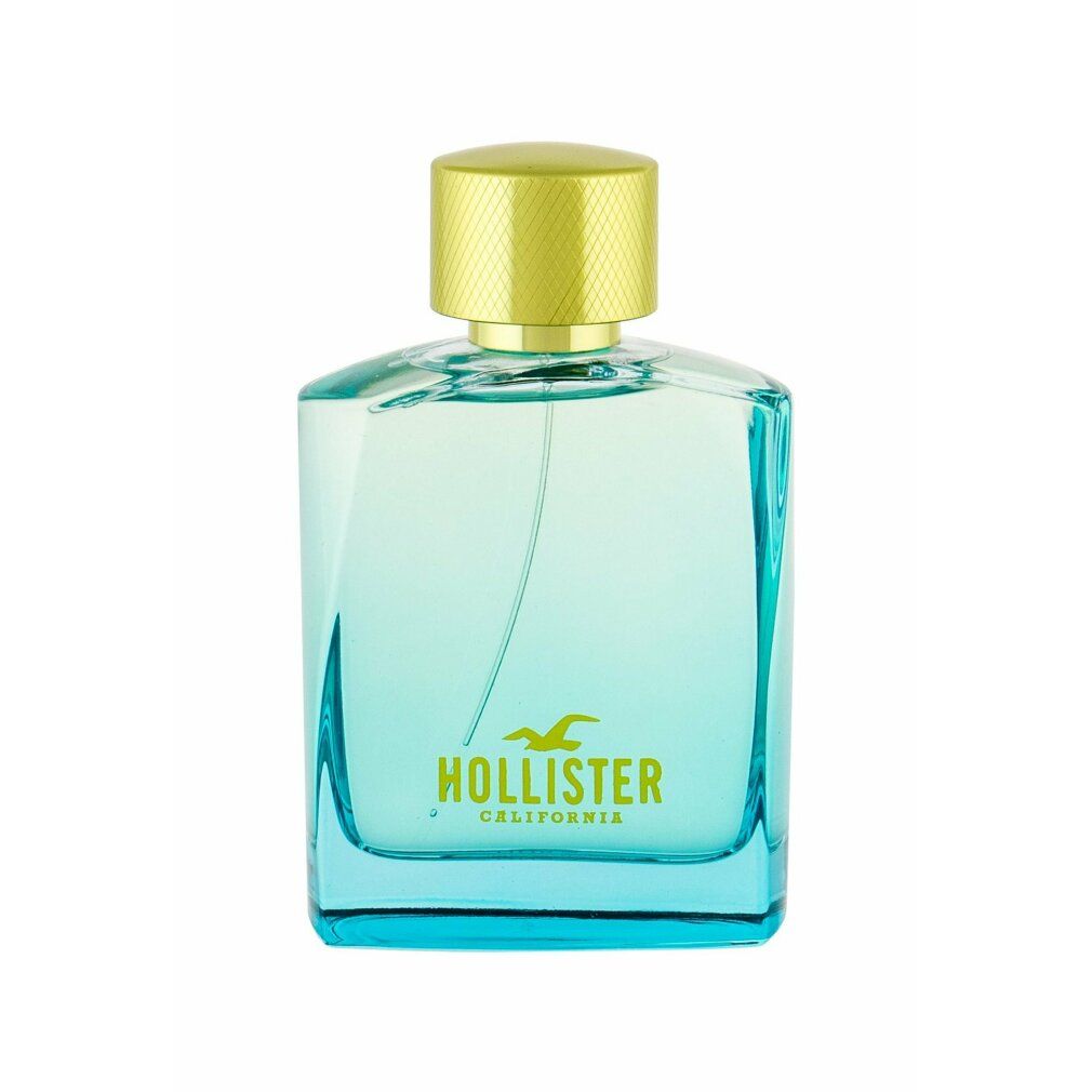 Flacone di Hollister Wave 2 Eau de Toilette Spray. Design blu-verde, tappo dorato. Scritta: Hollister.