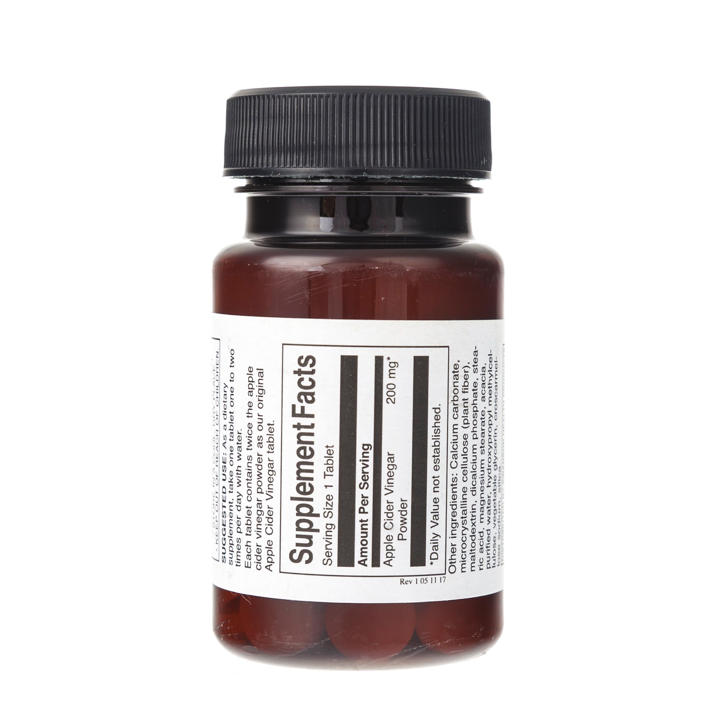 Flacone marrone con etichetta 'Supplement Facts' per aceto di mele in polvere, 200 mg per compressa.
