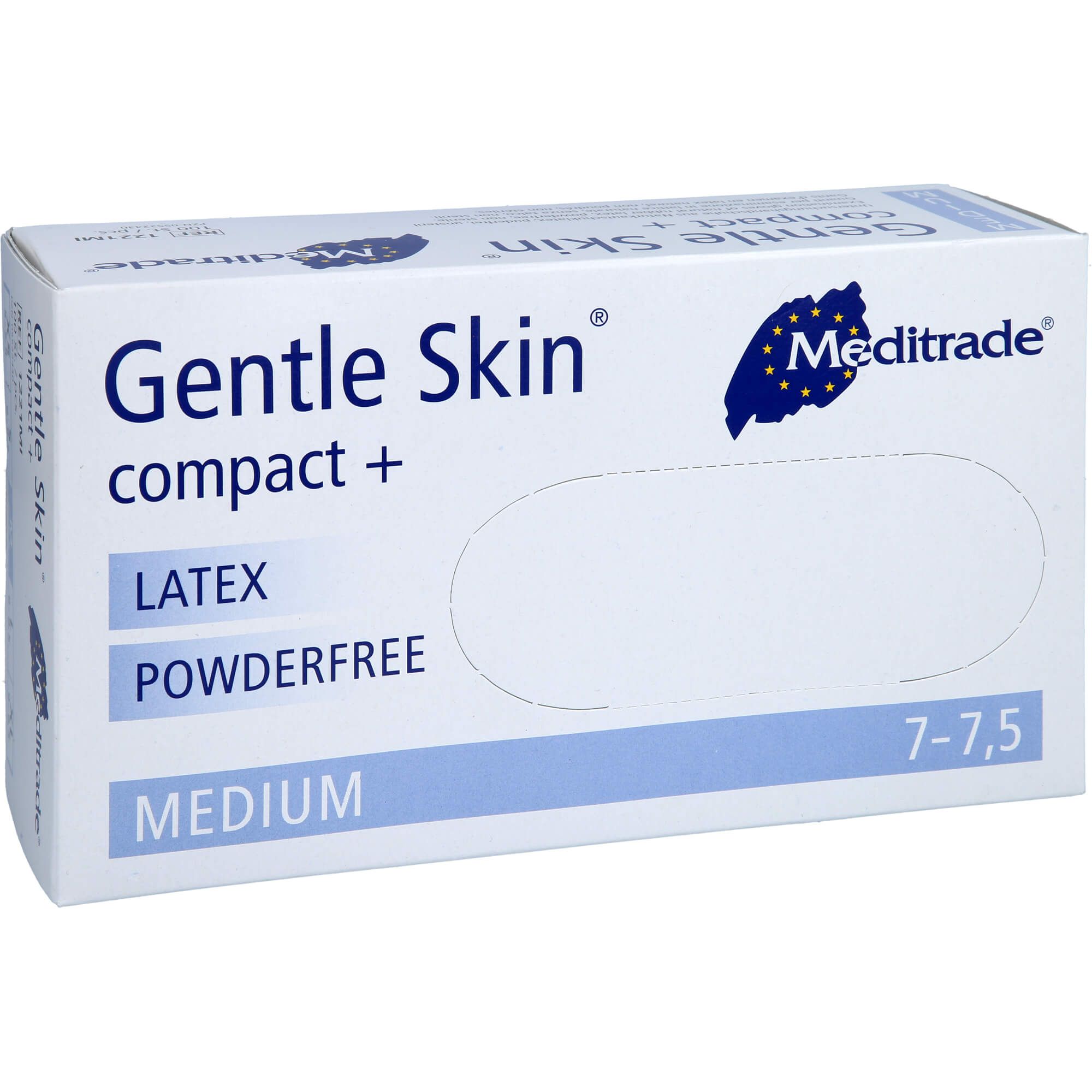 Scatola di guanti Meditrade Gentle Skin compact+. Lattice, senza polvere. Taglia 7-7,5. Medium.