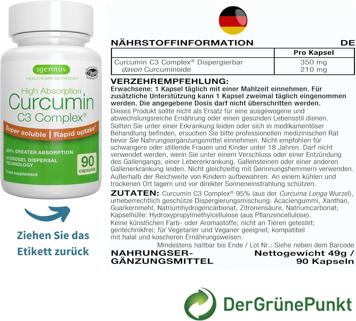 Etichetta della bottiglia con informazioni nutrizionali. 90 capsule. Sigillo vegano. Prodotto secondo gli standard GMP.