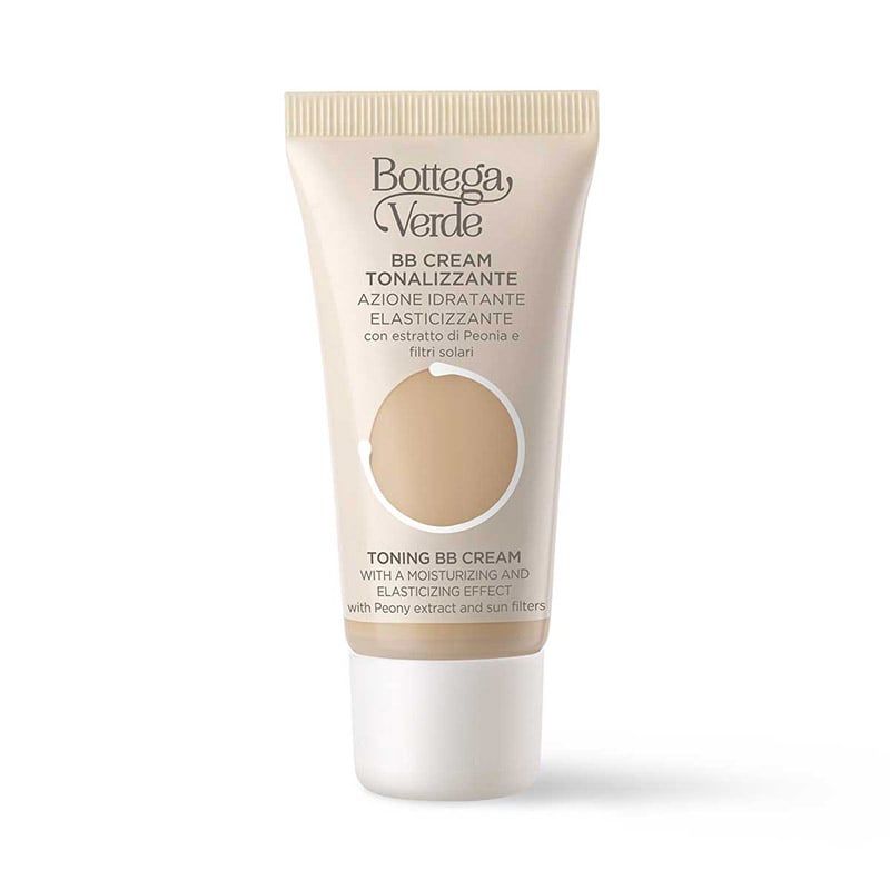 Tubo beige Bottega Verde BB Cream. Testo: Tonalizzante, Azione Idratante, Elasticizzante. Con peonia e filtri solari.